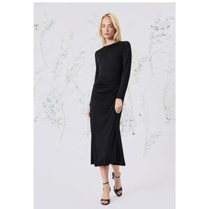 Luxely Black Long Formal Evening Dress Ballgown‎ Size 16 Draped Ruched Waist L/S